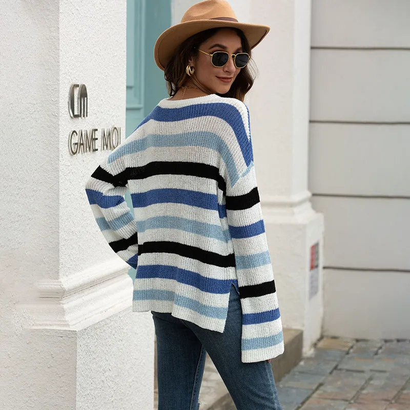 Flared Sleeve Contrast Striped Knitted Sweater