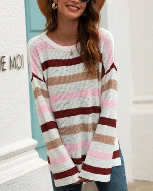 Flared Sleeve Contrast Striped Knitted Sweater