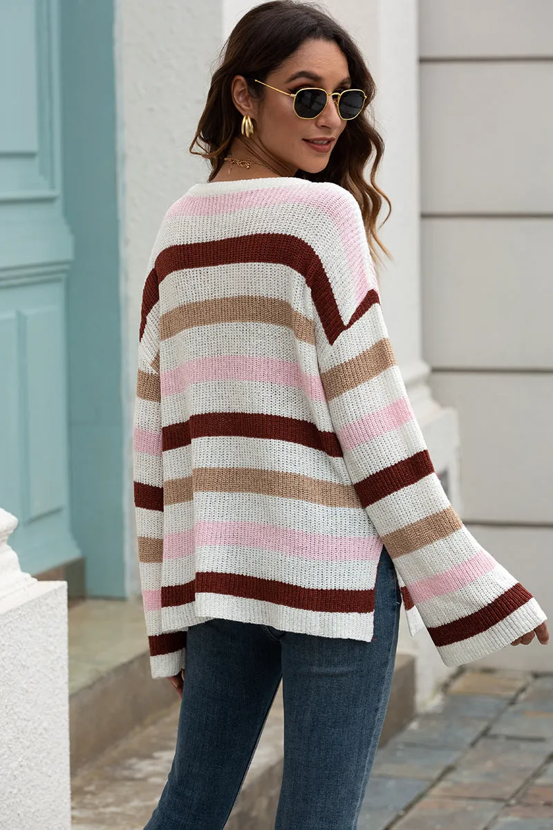 Flared Sleeve Contrast Striped Knitted Sweater