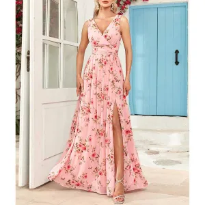 Floral Long Prom Dress High Split Pink Bridesmaid Dress Chiffon A Line Dress