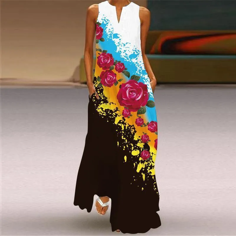Floral Print V-neck Summer Maxi Dresses