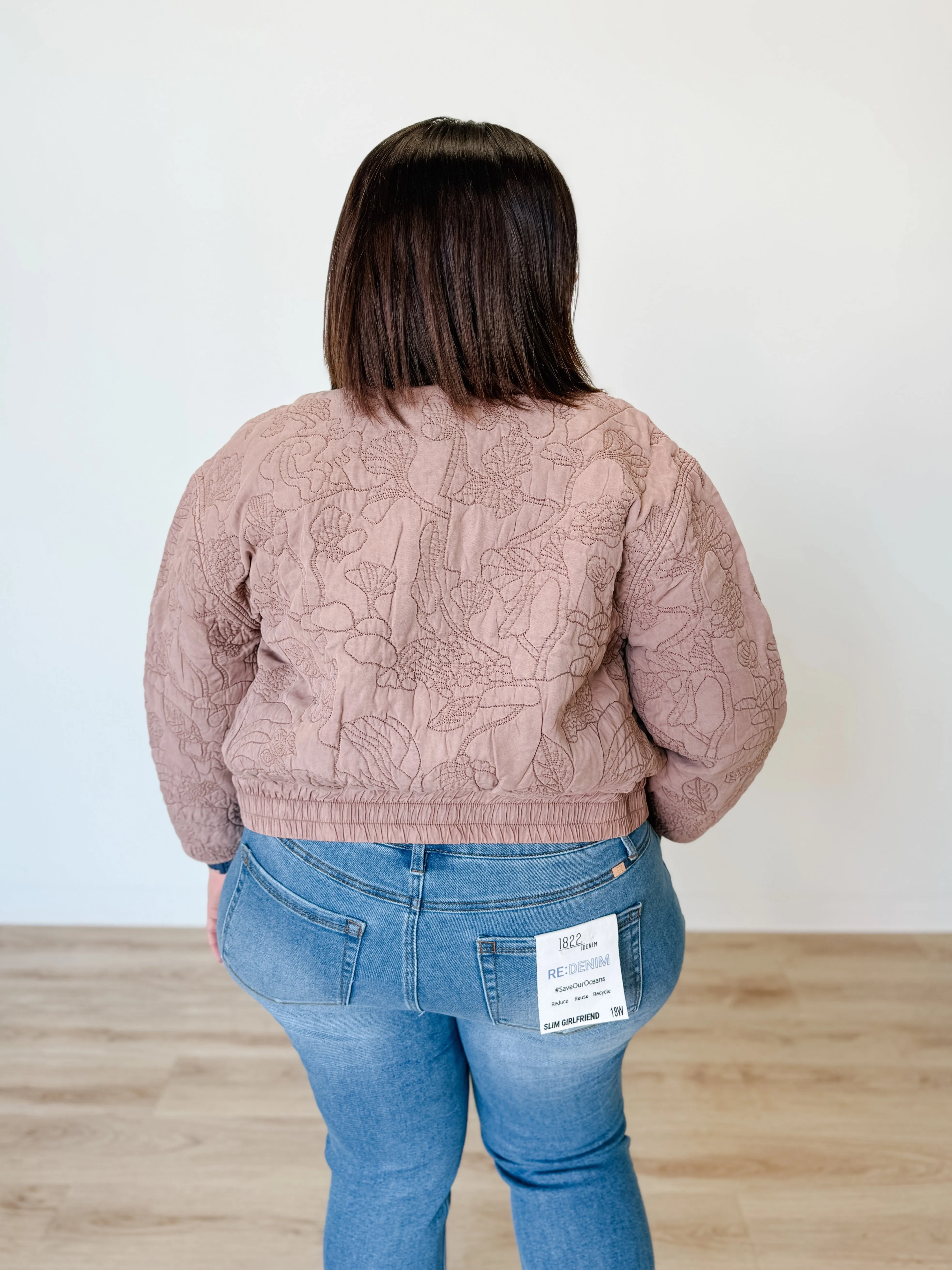 Floral Quilted Bomber Jacket in Faded Rose