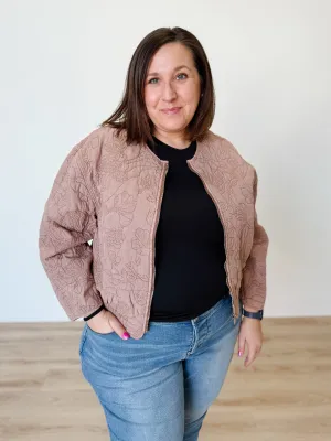 Floral Quilted Bomber Jacket in Faded Rose