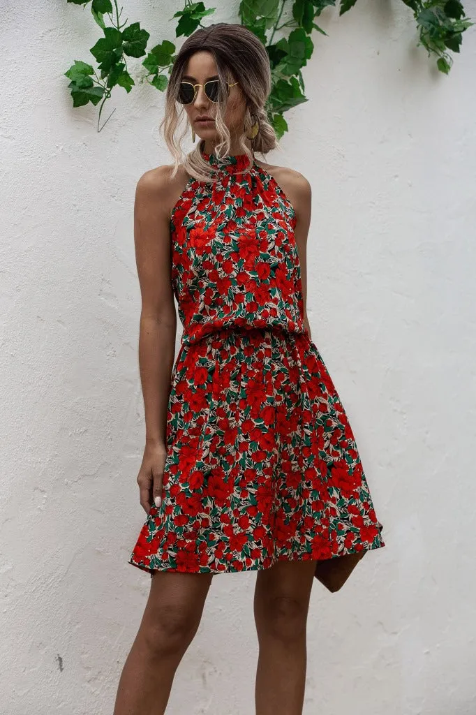 Floral Red Bohemian Boho Printed Hanging Neck Straps Mini Dresses