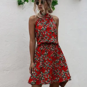Floral Red Bohemian Boho Printed Hanging Neck Straps Mini Dresses