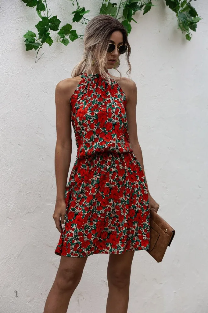 Floral Red Bohemian Boho Printed Hanging Neck Straps Mini Dresses