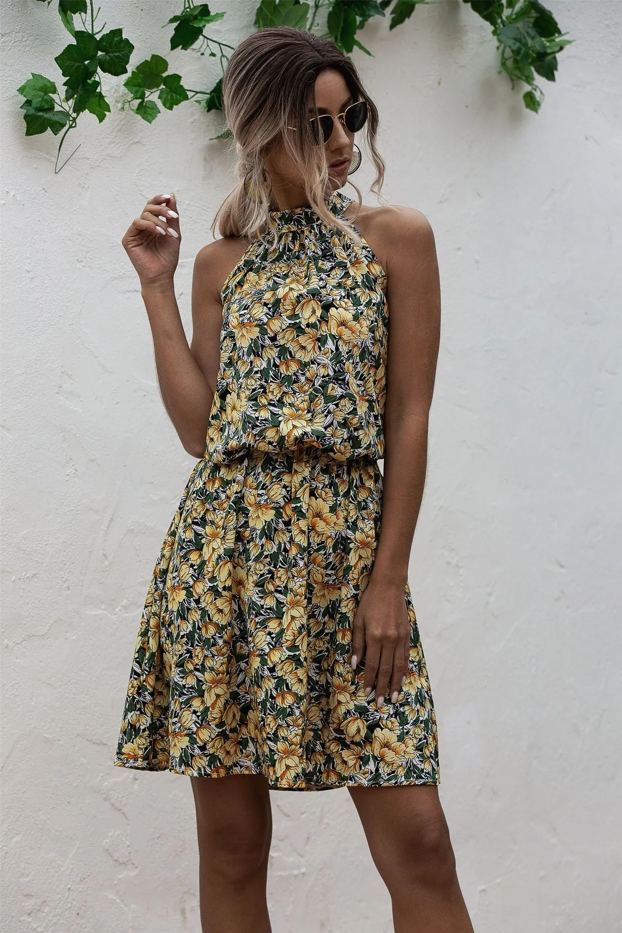Floral Red Bohemian Boho Printed Hanging Neck Straps Mini Dresses