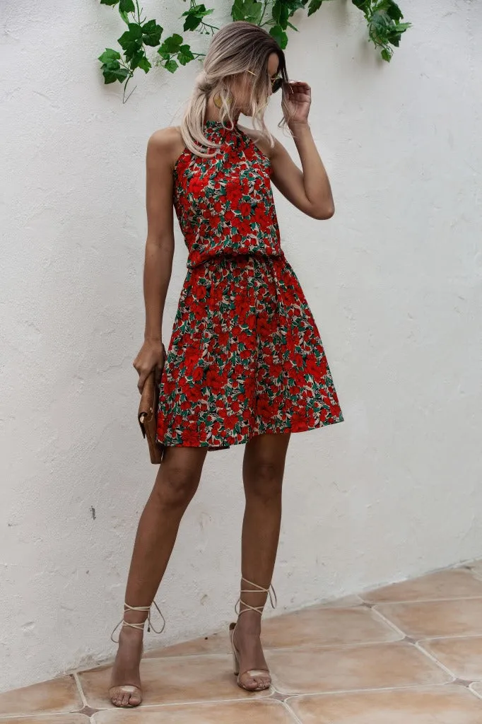 Floral Red Bohemian Boho Printed Hanging Neck Straps Mini Dresses