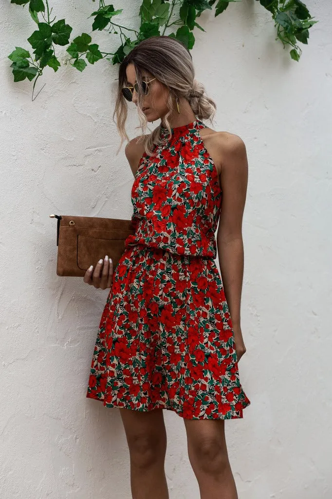 Floral Red Bohemian Boho Printed Hanging Neck Straps Mini Dresses