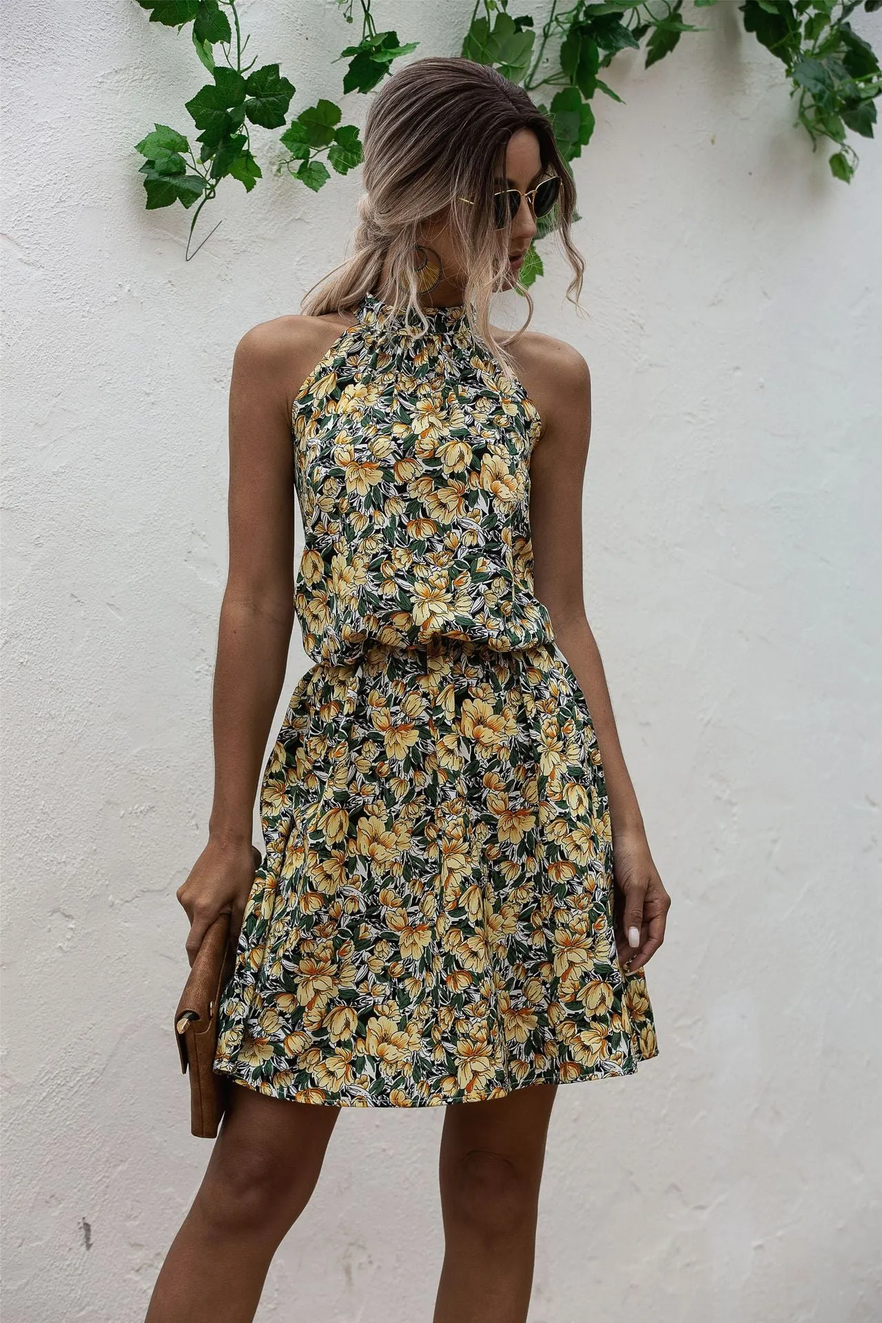 Floral Red Bohemian Boho Printed Hanging Neck Straps Mini Dresses