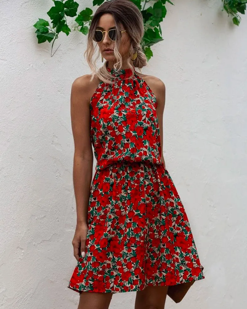 Floral Red Bohemian Boho Printed Hanging Neck Straps Mini Dresses