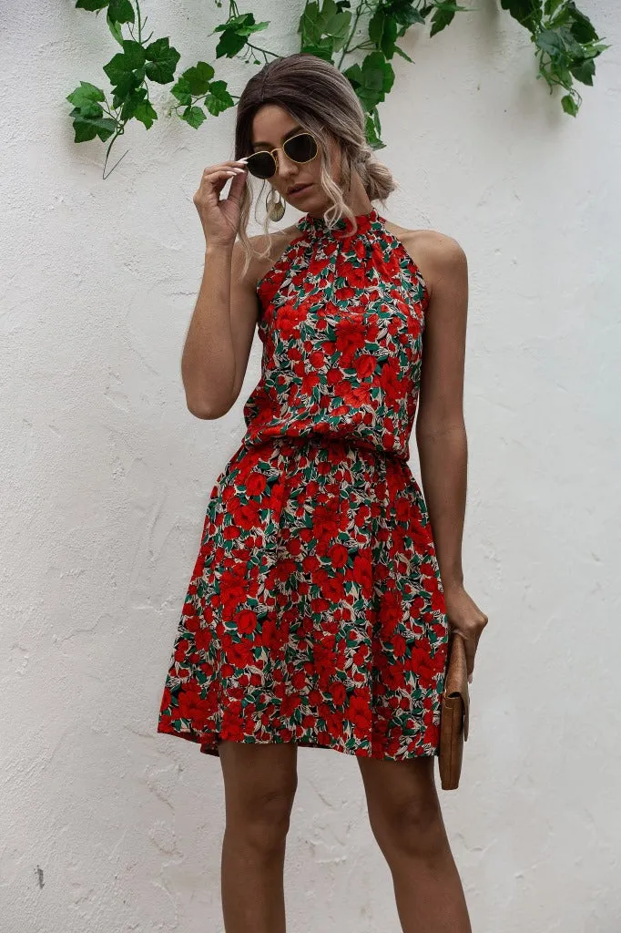 Floral Red Bohemian Boho Printed Hanging Neck Straps Mini Dresses