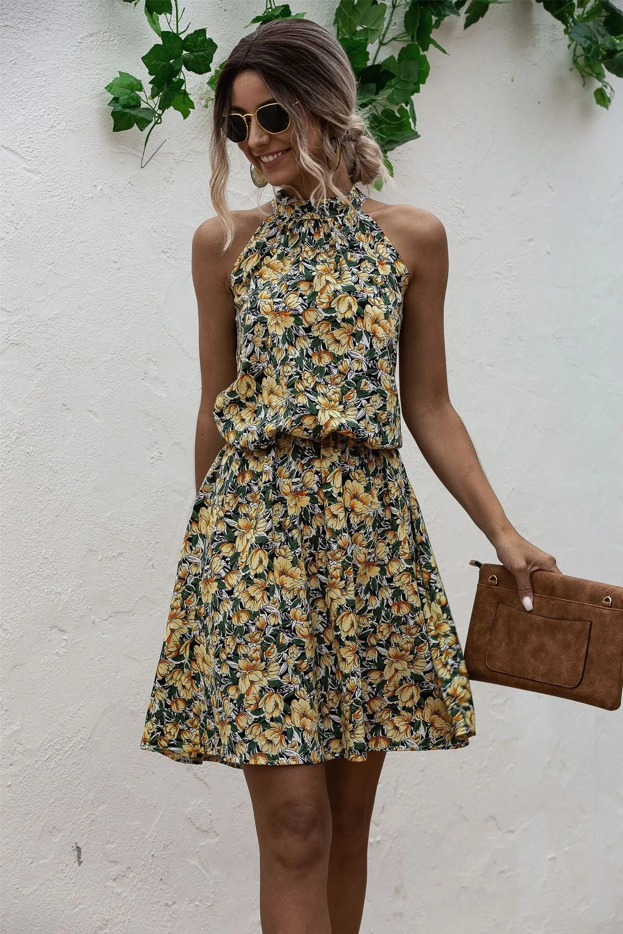 Floral Red Bohemian Boho Printed Hanging Neck Straps Mini Dresses