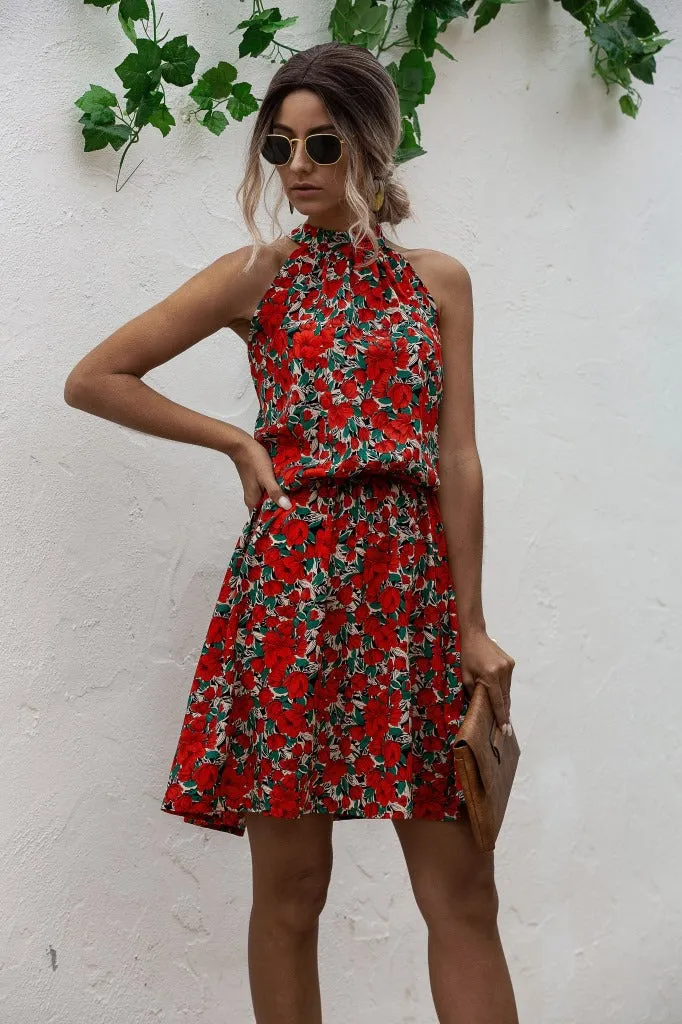 Floral Red Bohemian Boho Printed Hanging Neck Straps Mini Dresses