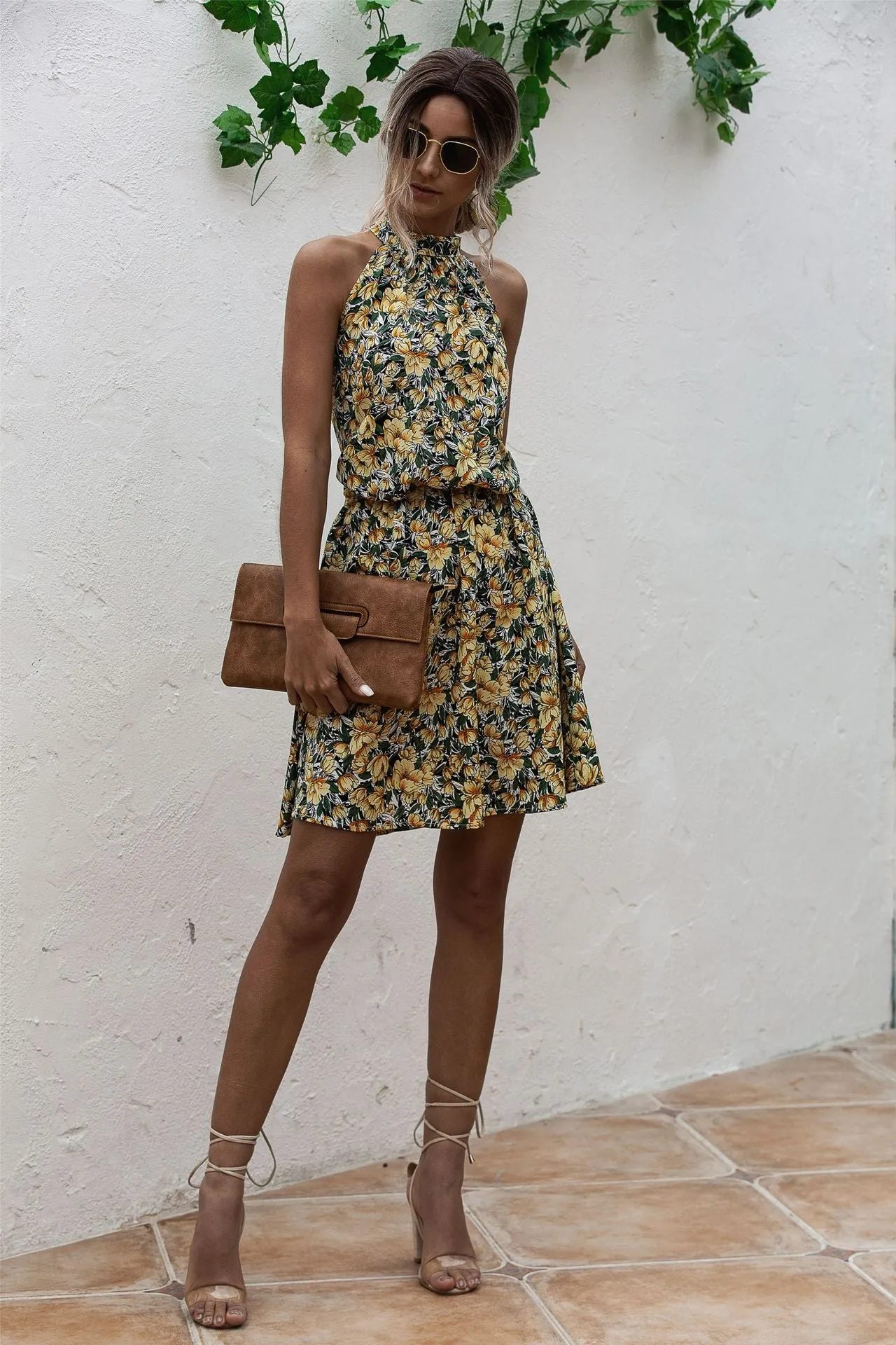 Floral Red Bohemian Boho Printed Hanging Neck Straps Mini Dresses