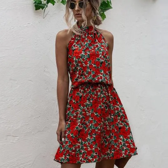 Floral Red Bohemian Boho Printed Hanging Neck Straps Mini Dresses