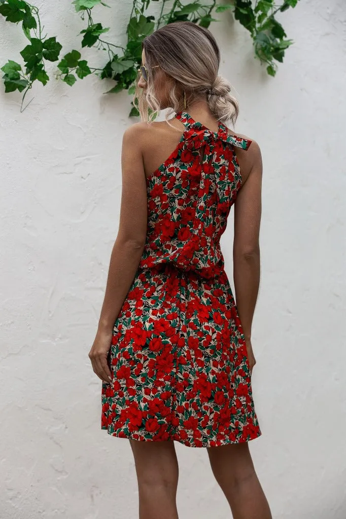 Floral Red Bohemian Boho Printed Hanging Neck Straps Mini Dresses