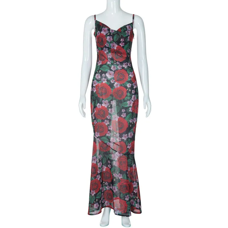 Floral V-neck Long Dress Sleeveless Lace Patchwork Backless Flowy  Dress