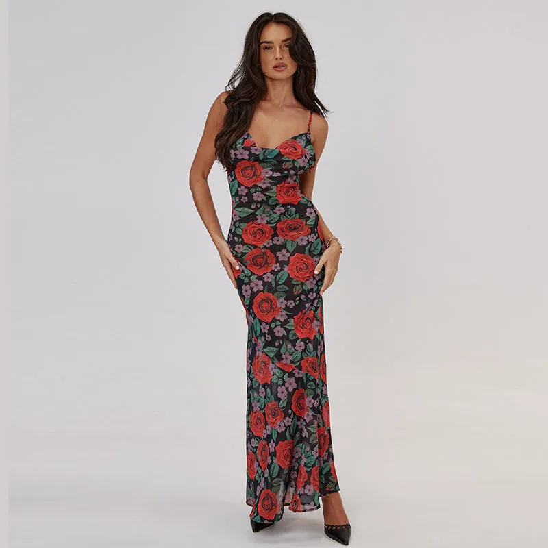 Floral V-neck Long Dress Sleeveless Lace Patchwork Backless Flowy  Dress