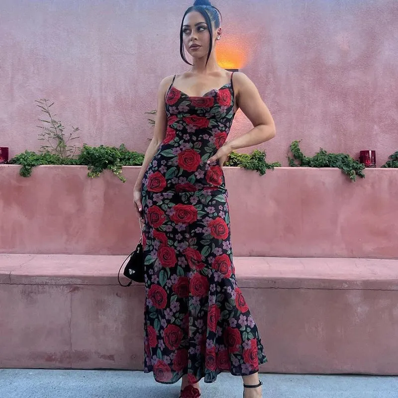 Floral V-neck Long Dress Sleeveless Lace Patchwork Backless Flowy  Dress