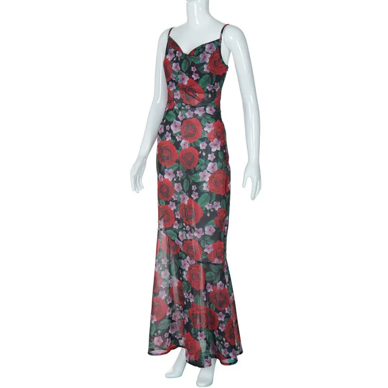 Floral V-neck Long Dress Sleeveless Lace Patchwork Backless Flowy  Dress