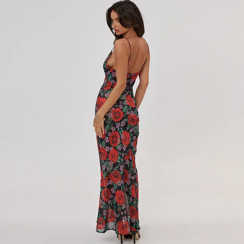 Floral V-neck Long Dress Sleeveless Lace Patchwork Backless Flowy  Dress