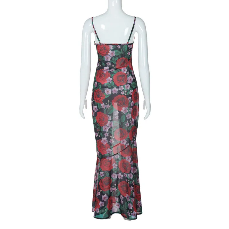 Floral V-neck Long Dress Sleeveless Lace Patchwork Backless Flowy  Dress