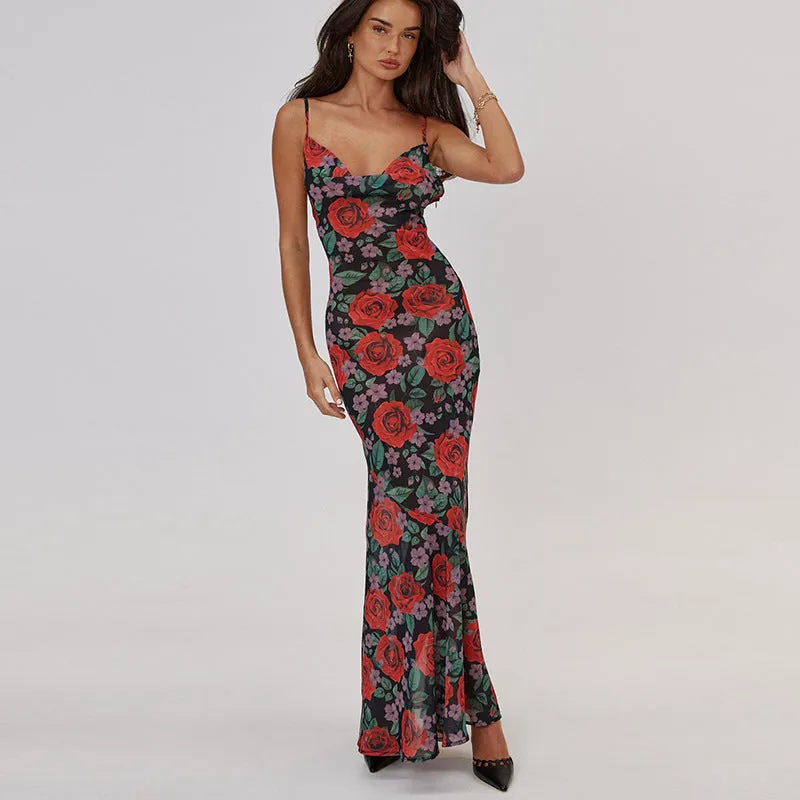 Floral V-neck Long Dress Sleeveless Lace Patchwork Backless Flowy  Dress