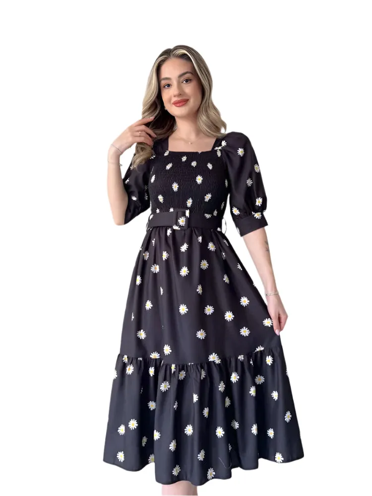 Freja – Puff-Sleeved Midi Dress for Women