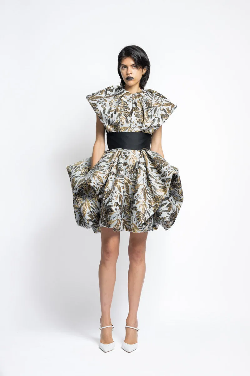 Gilded Bay Leaf Jacquard Pouf Mini Skirt With Corset Waist