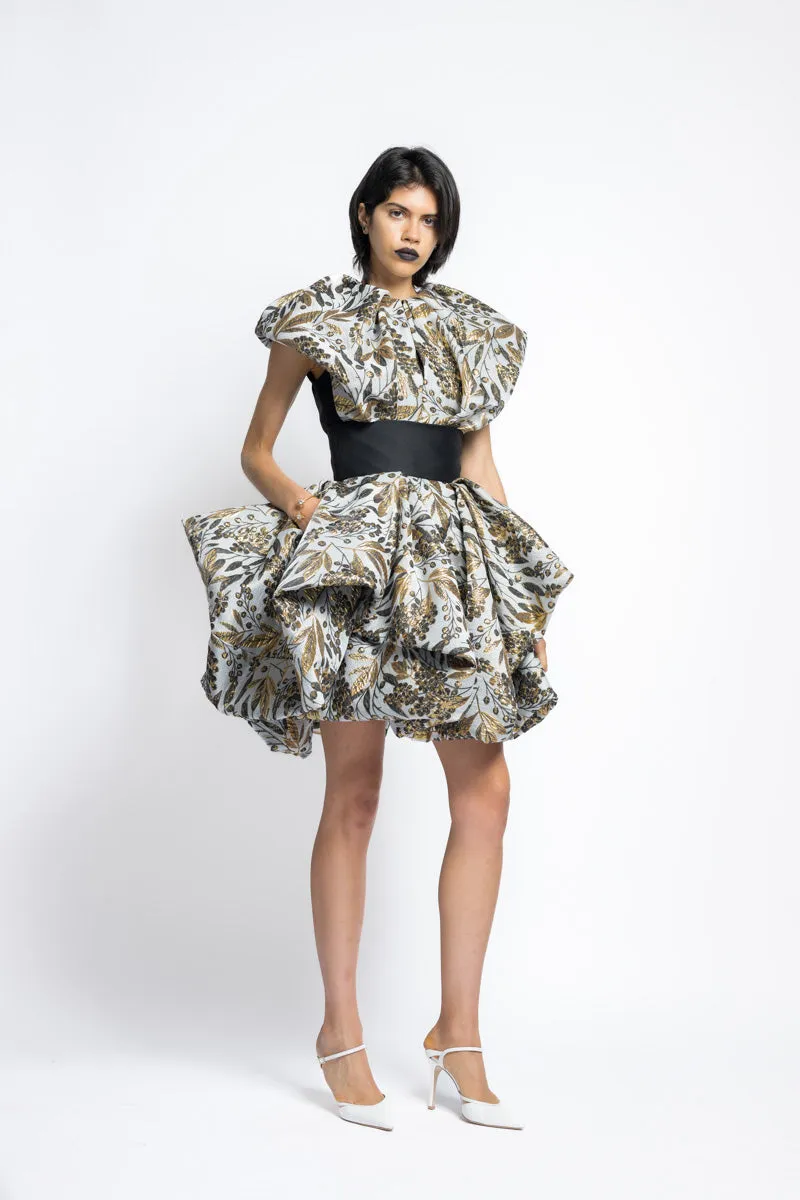 Gilded Bay Leaf Jacquard Pouf Mini Skirt With Corset Waist