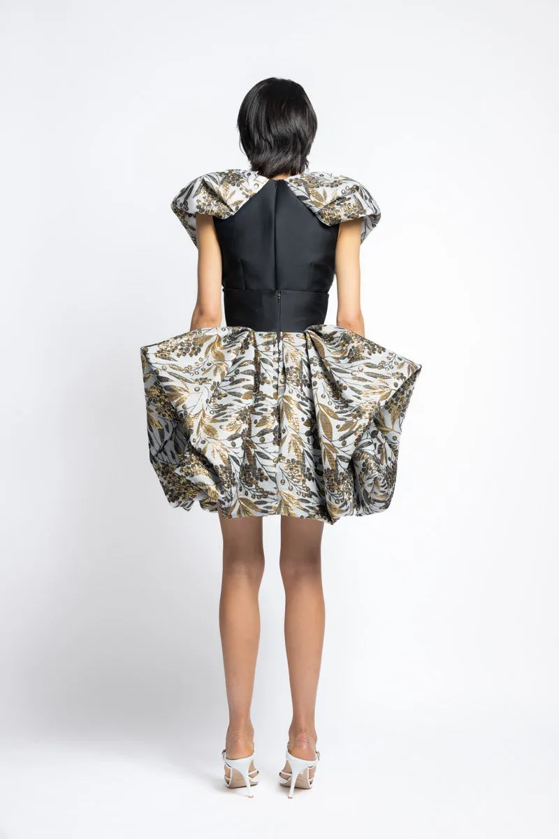 Gilded Bay Leaf Jacquard Pouf Mini Skirt With Corset Waist