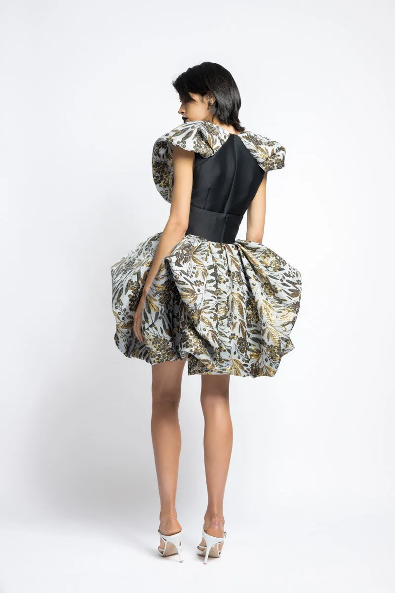 Gilded Bay Leaf Jacquard Pouf Mini Skirt With Corset Waist