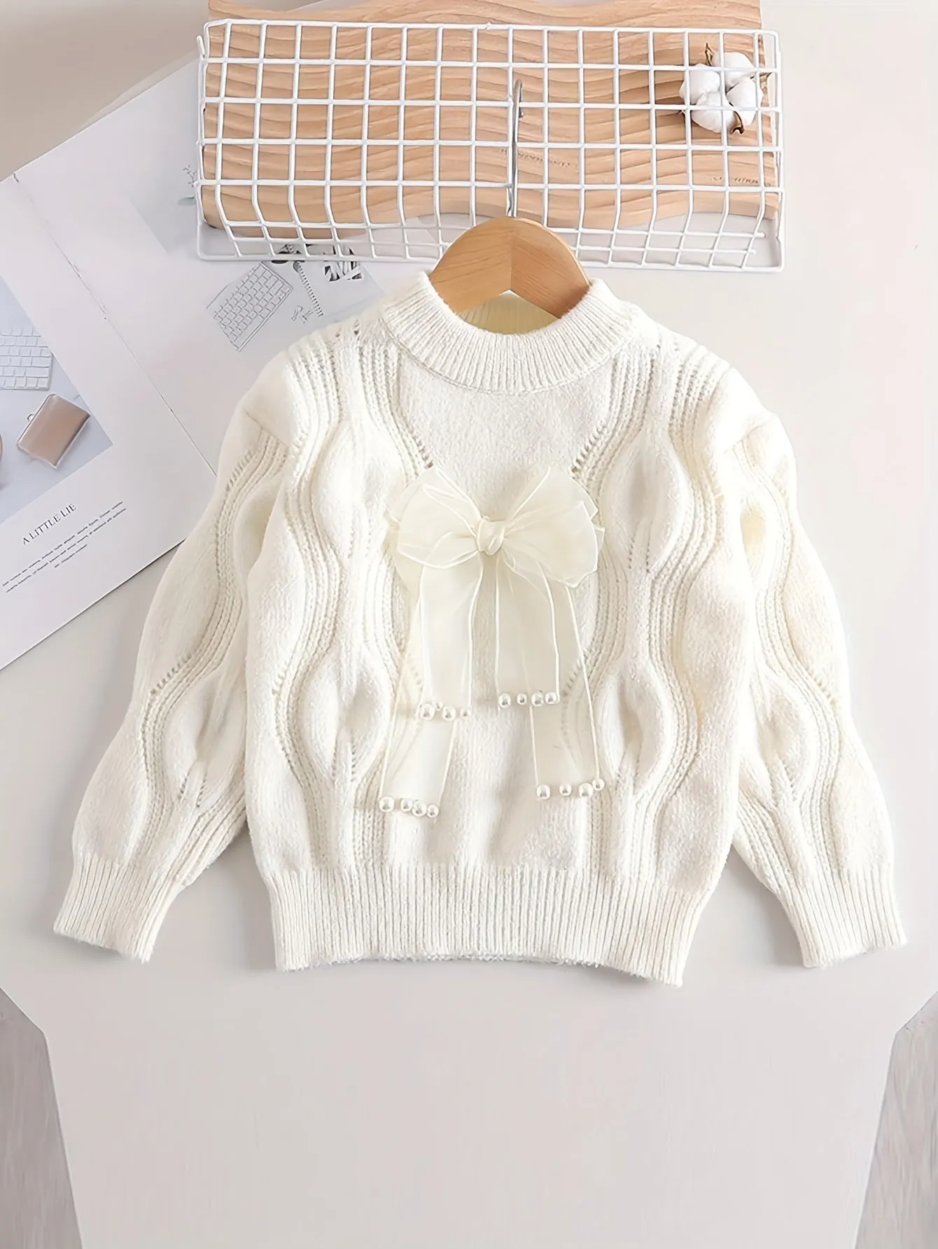 Girls Sweet Bow Decor Cable Knit Round Neck Sweater Tops, Kids Winter/ Fall Outfit, Gift Idea