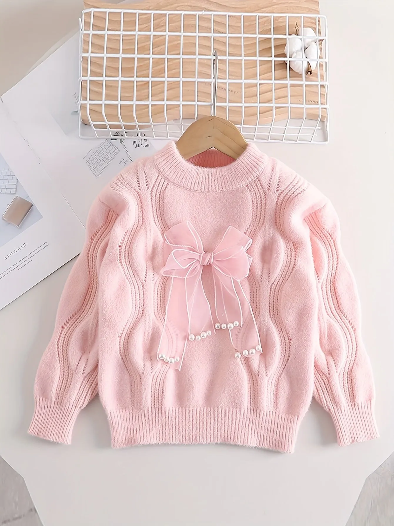 Girls Sweet Bow Decor Cable Knit Round Neck Sweater Tops, Kids Winter/ Fall Outfit, Gift Idea