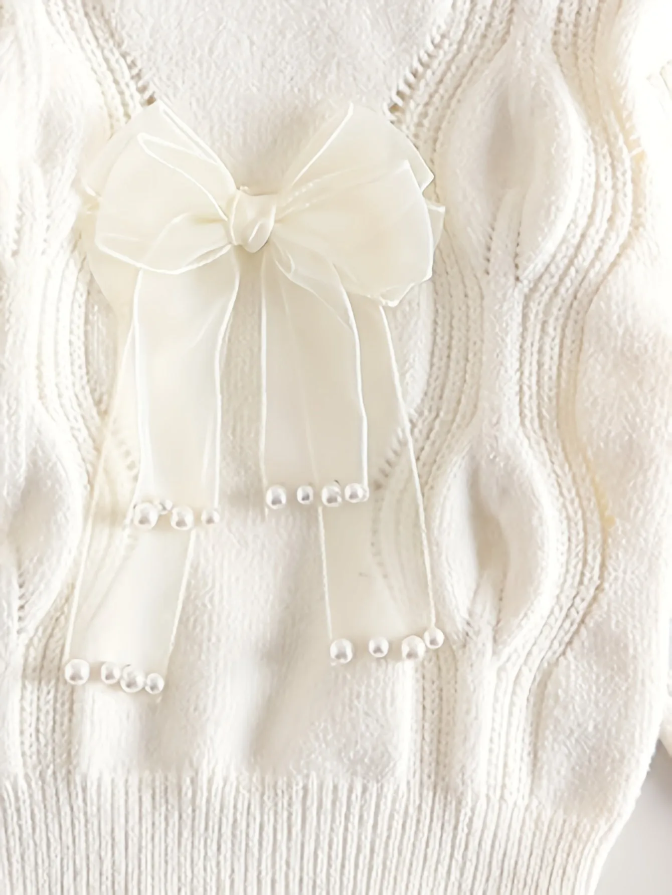 Girls Sweet Bow Decor Cable Knit Round Neck Sweater Tops, Kids Winter/ Fall Outfit, Gift Idea