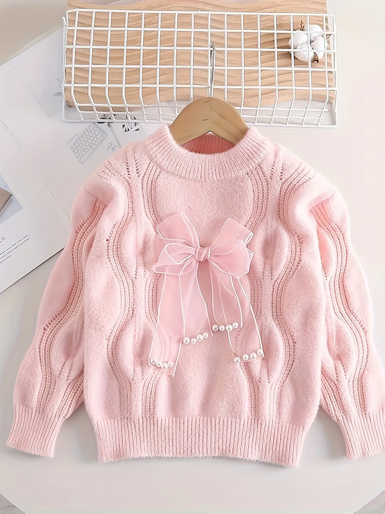 Girls Sweet Bow Decor Cable Knit Round Neck Sweater Tops, Kids Winter/ Fall Outfit, Gift Idea