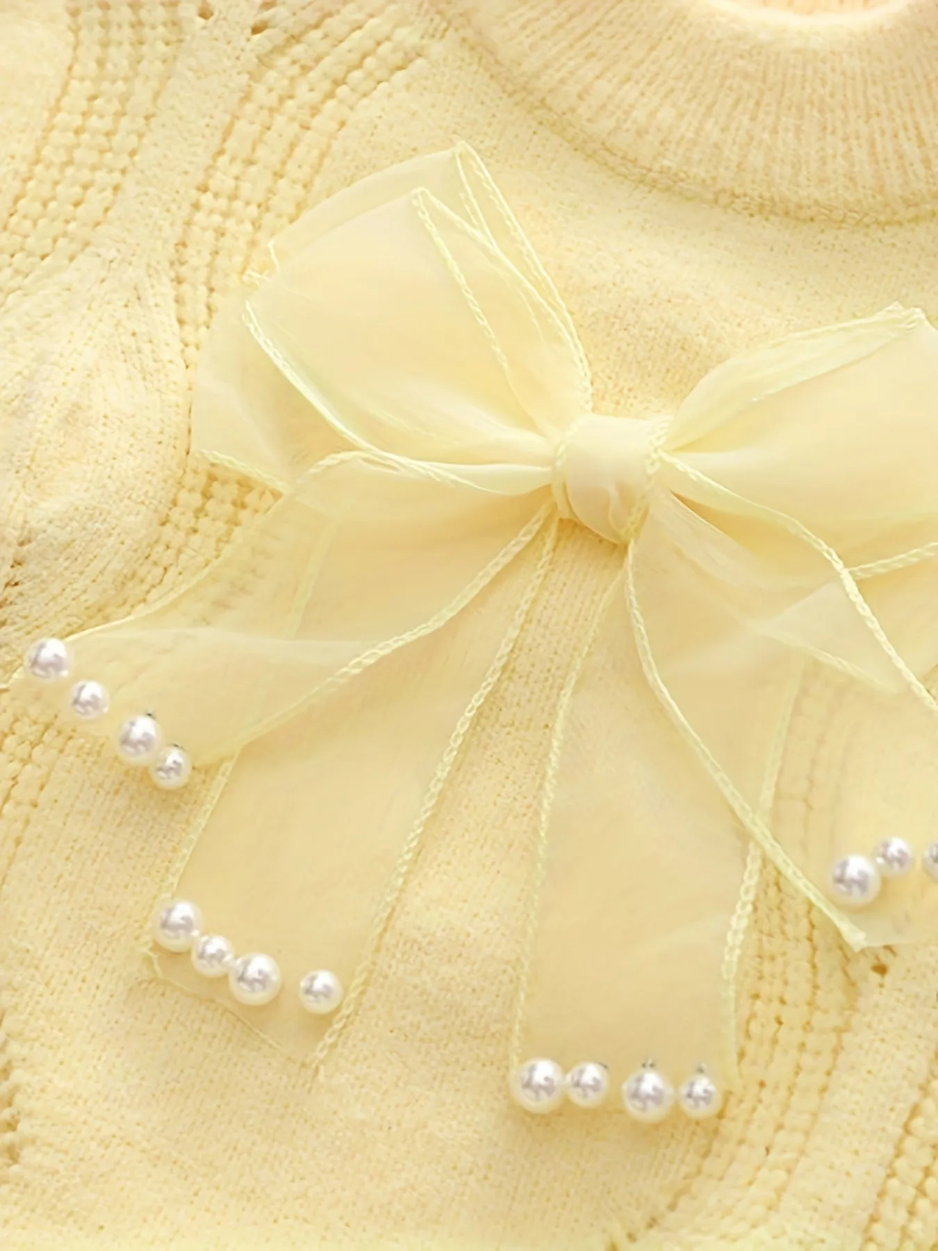 Girls Sweet Bow Decor Cable Knit Round Neck Sweater Tops, Kids Winter/ Fall Outfit, Gift Idea