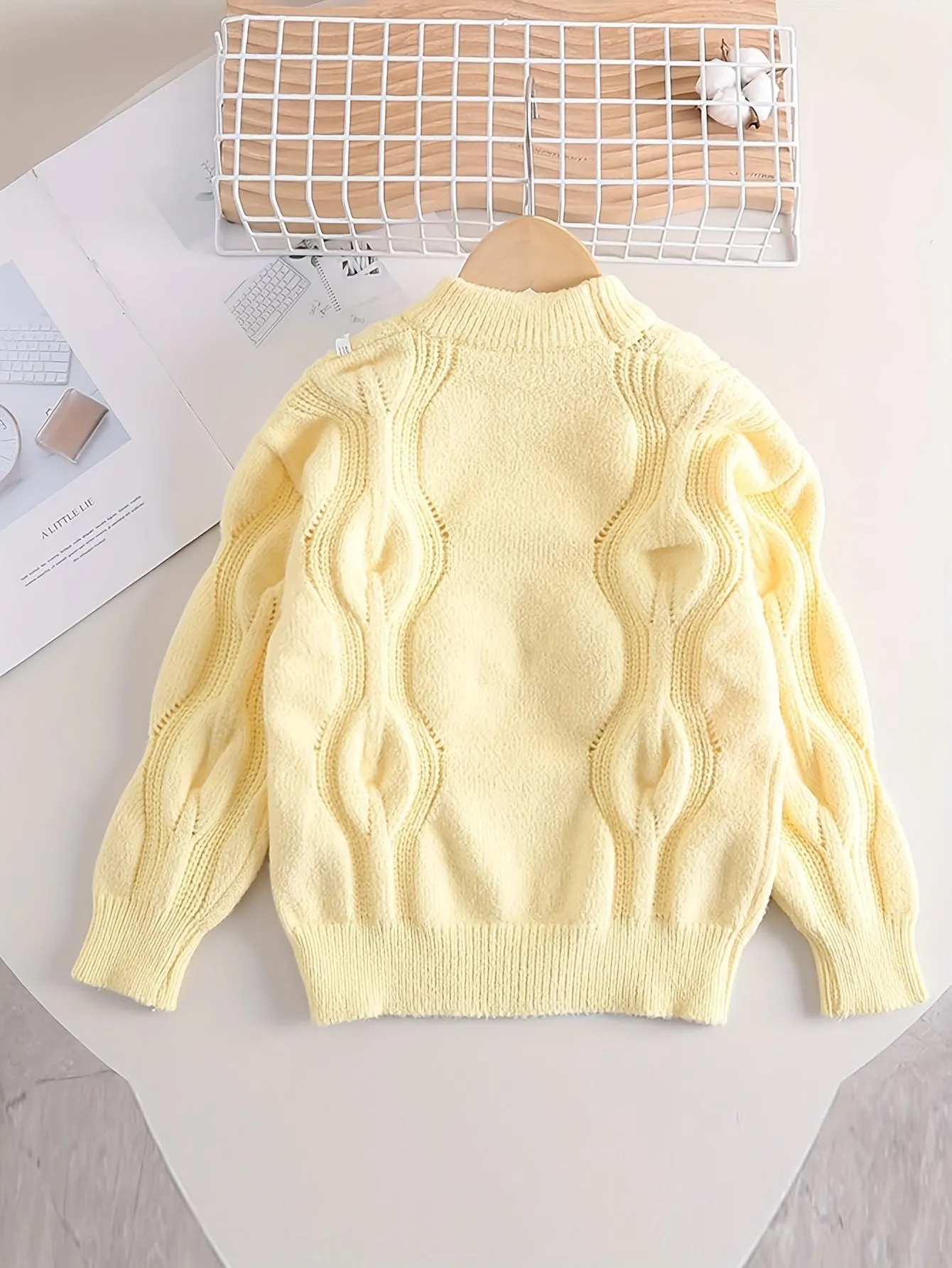 Girls Sweet Bow Decor Cable Knit Round Neck Sweater Tops, Kids Winter/ Fall Outfit, Gift Idea