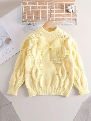 Girls Sweet Bow Decor Cable Knit Round Neck Sweater Tops, Kids Winter/ Fall Outfit, Gift Idea