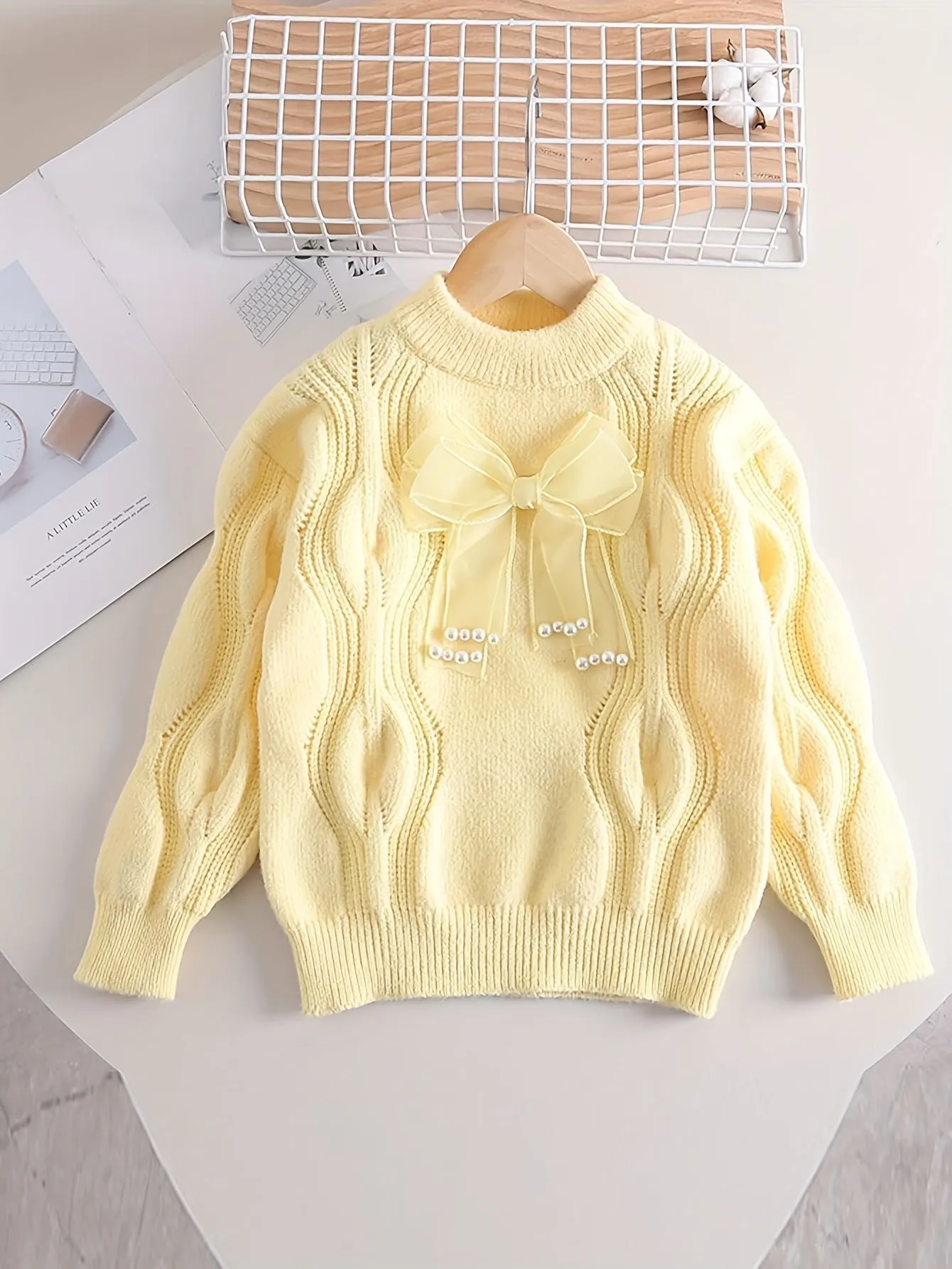 Girls Sweet Bow Decor Cable Knit Round Neck Sweater Tops, Kids Winter/ Fall Outfit, Gift Idea