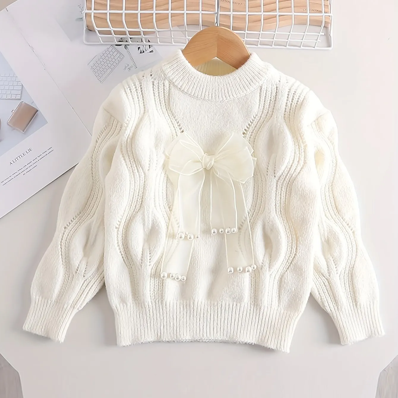 Girls Sweet Bow Decor Cable Knit Round Neck Sweater Tops, Kids Winter/ Fall Outfit, Gift Idea