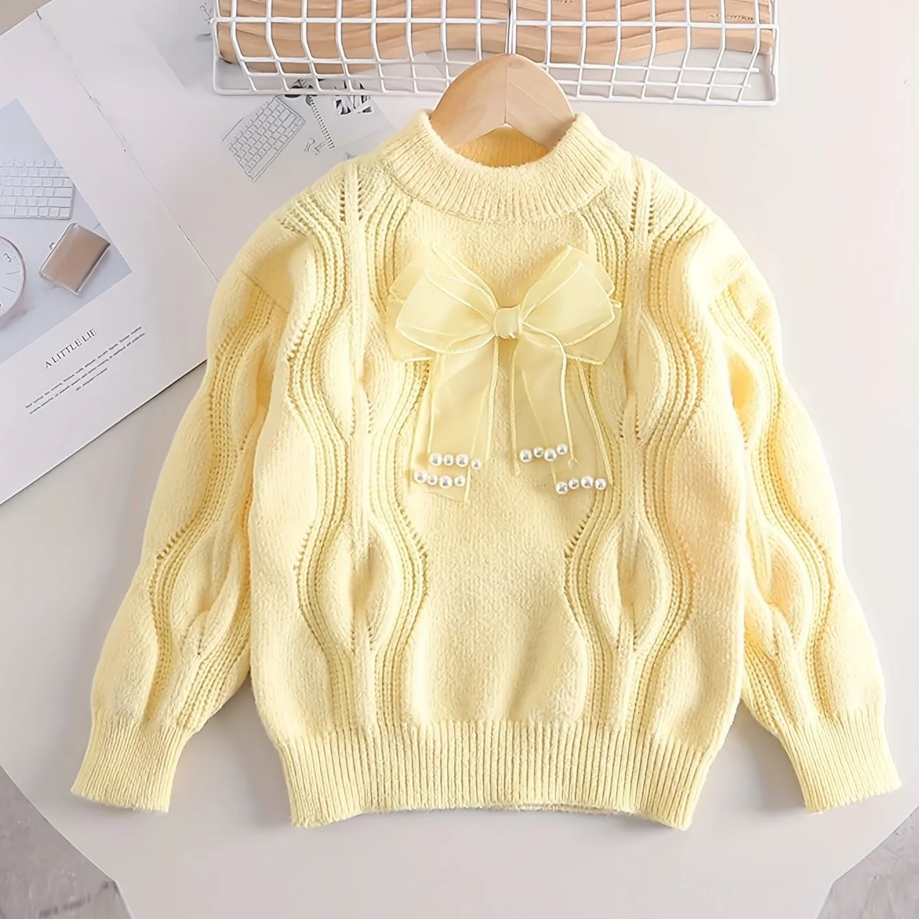 Girls Sweet Bow Decor Cable Knit Round Neck Sweater Tops, Kids Winter/ Fall Outfit, Gift Idea
