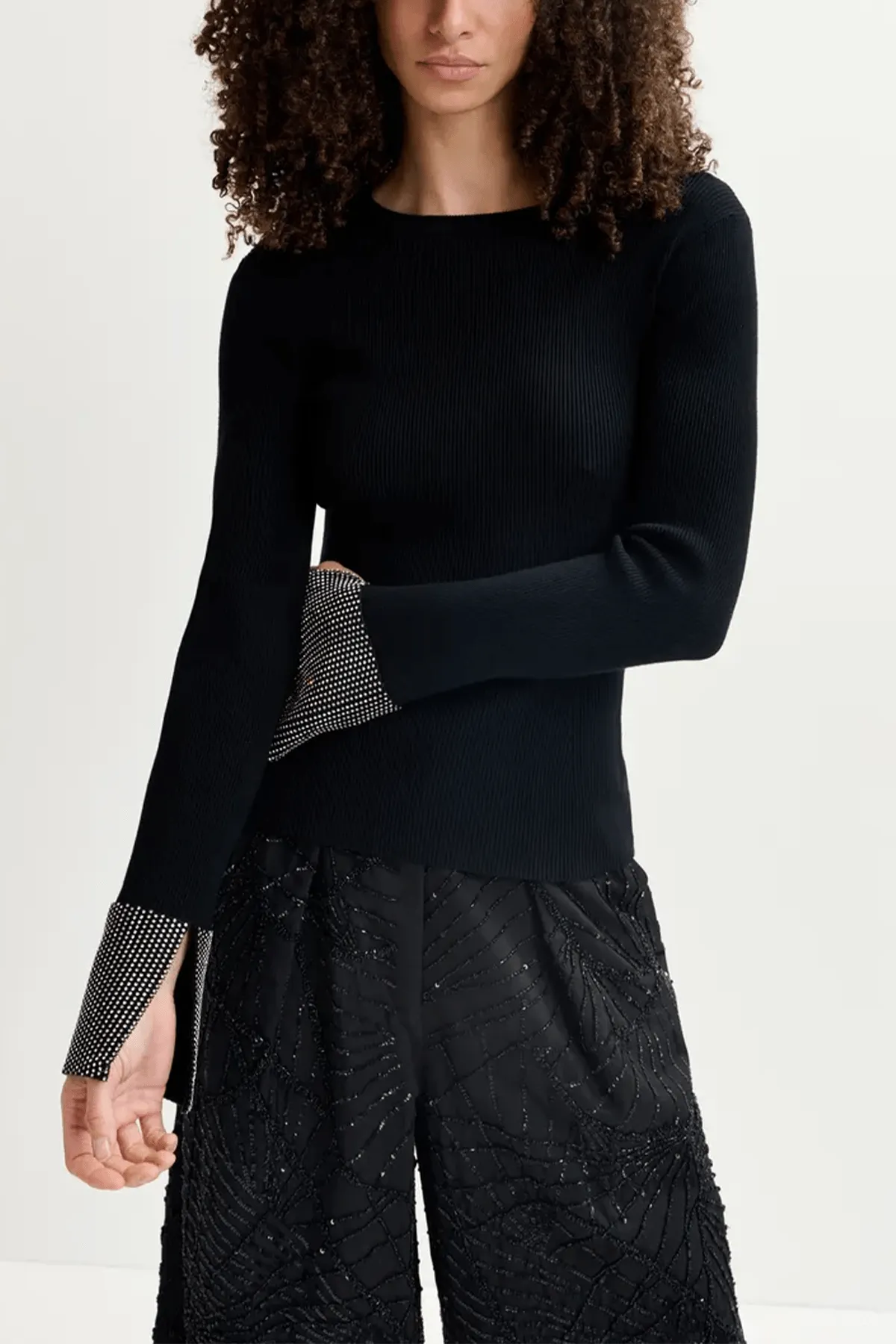 Gomi Rhinestone Cuff Knit Sweater in Black