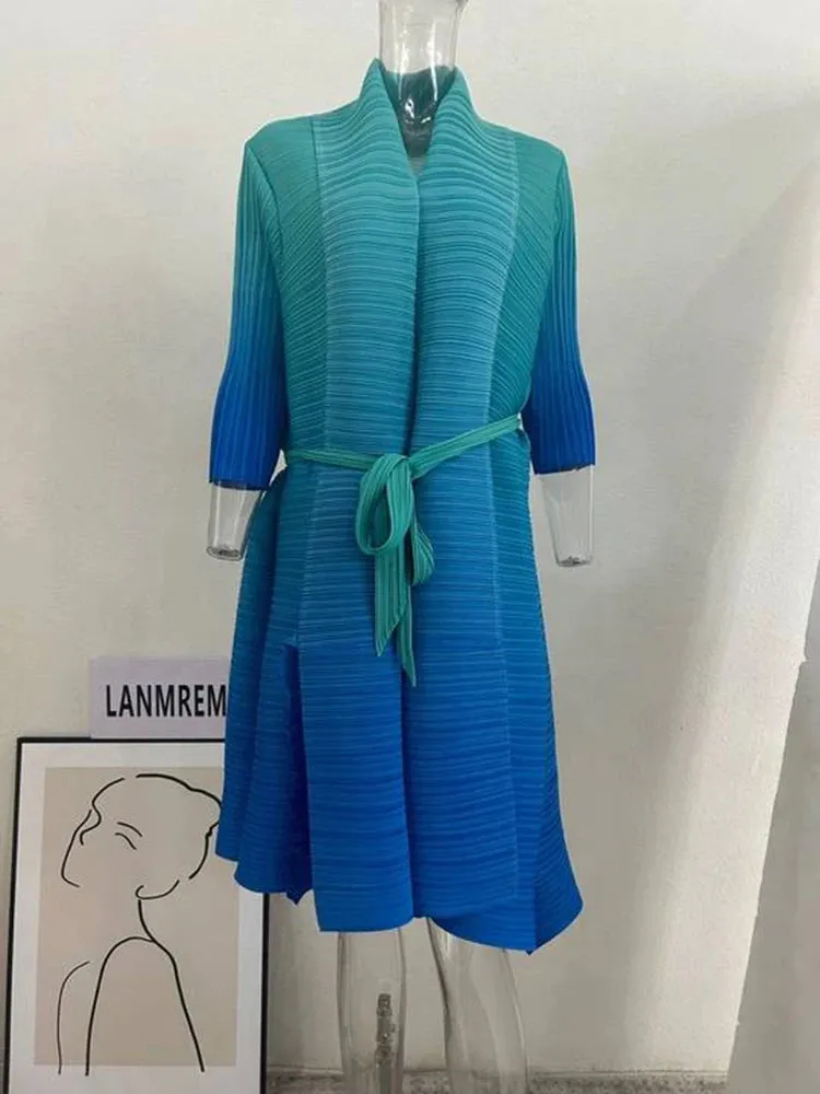 Gradient Color Pleated Dress For Women Open Stitch Belt Midi Elegant Party Cocktail Dresses