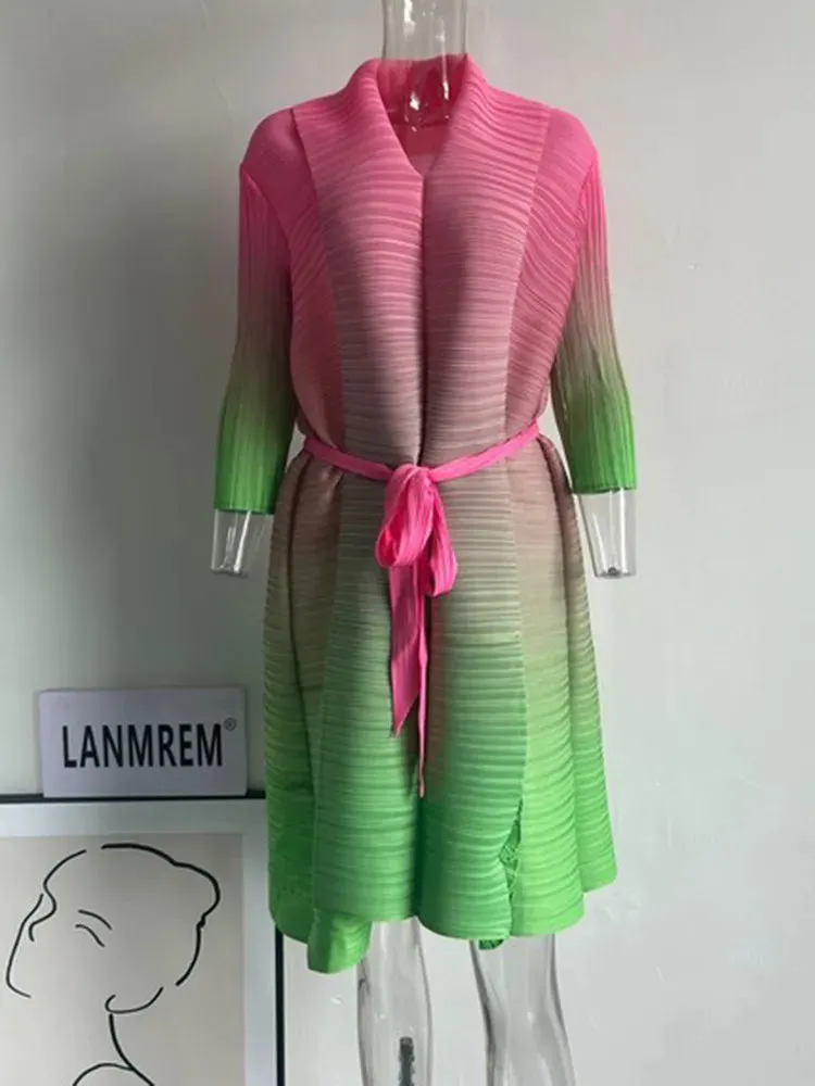 Gradient Color Pleated Dress For Women Open Stitch Belt Midi Elegant Party Cocktail Dresses