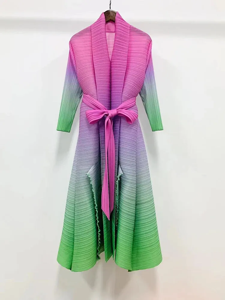 Gradient Color Pleated Dress For Women Open Stitch Belt Midi Elegant Party Cocktail Dresses