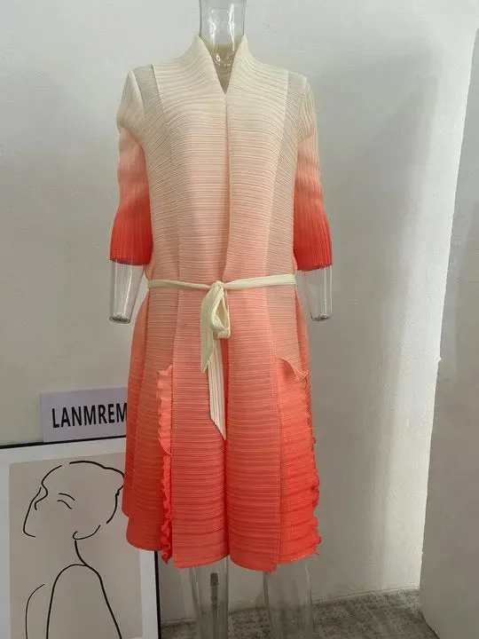 Gradient Color Pleated Dress For Women Open Stitch Belt Midi Elegant Party Cocktail Dresses