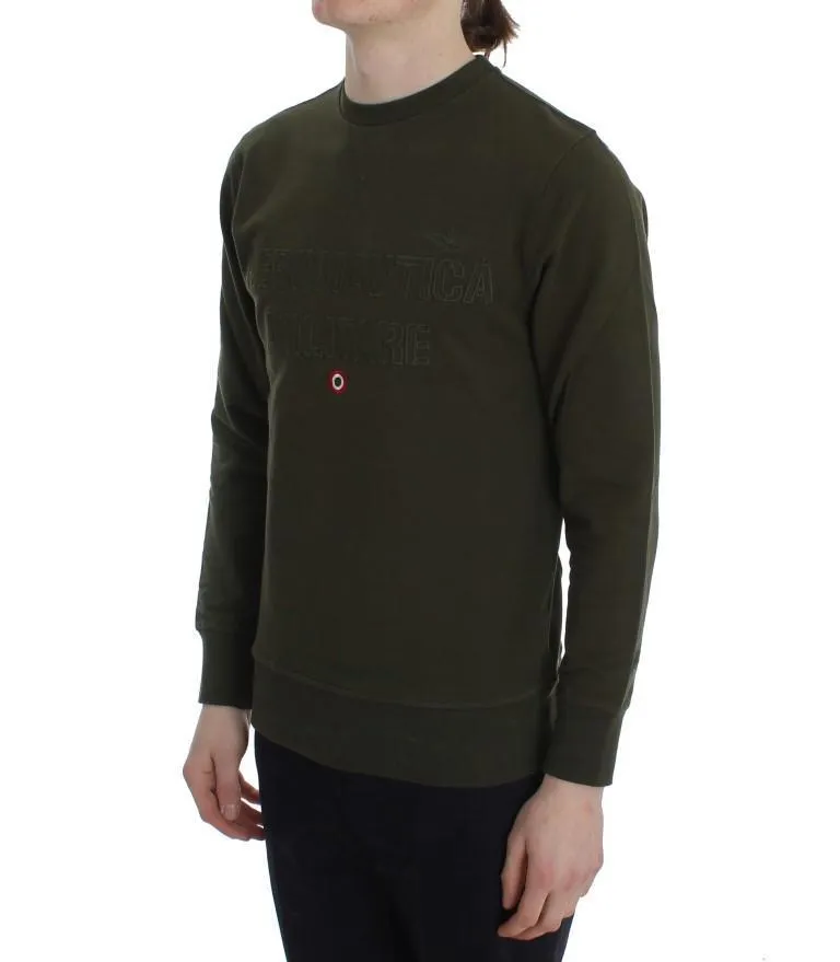Green Cotton Stretch Crewneck Pullover Sweater