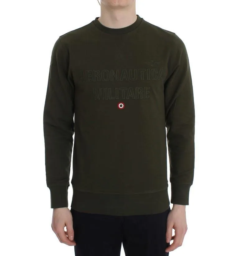Green Cotton Stretch Crewneck Pullover Sweater